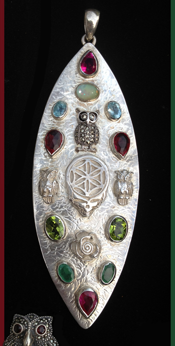 SYF FOL stash pendant with owls and gemstones