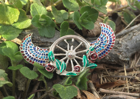 wheel and roses sterling silver pin